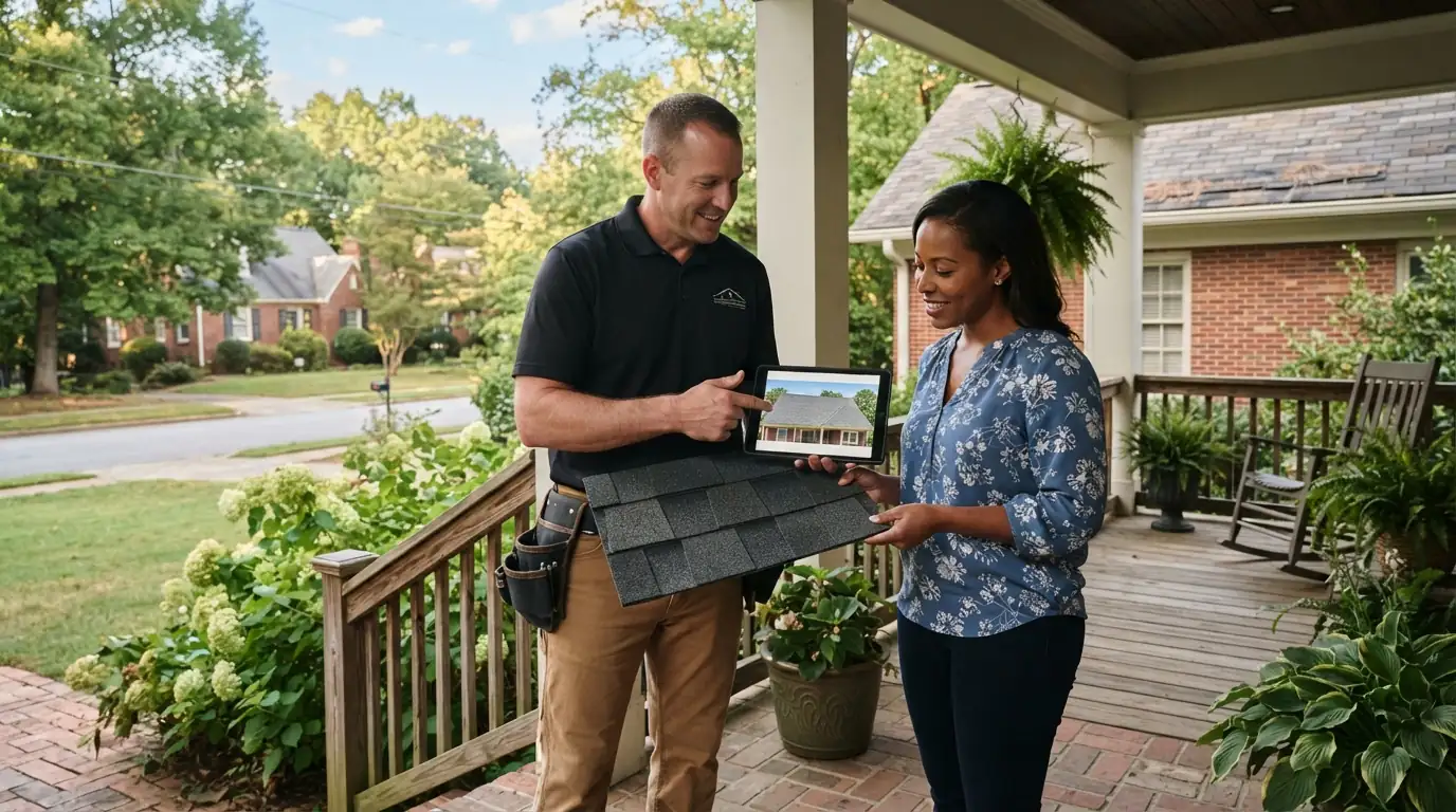 Explaining roofing options to an Atlanta homeowner
