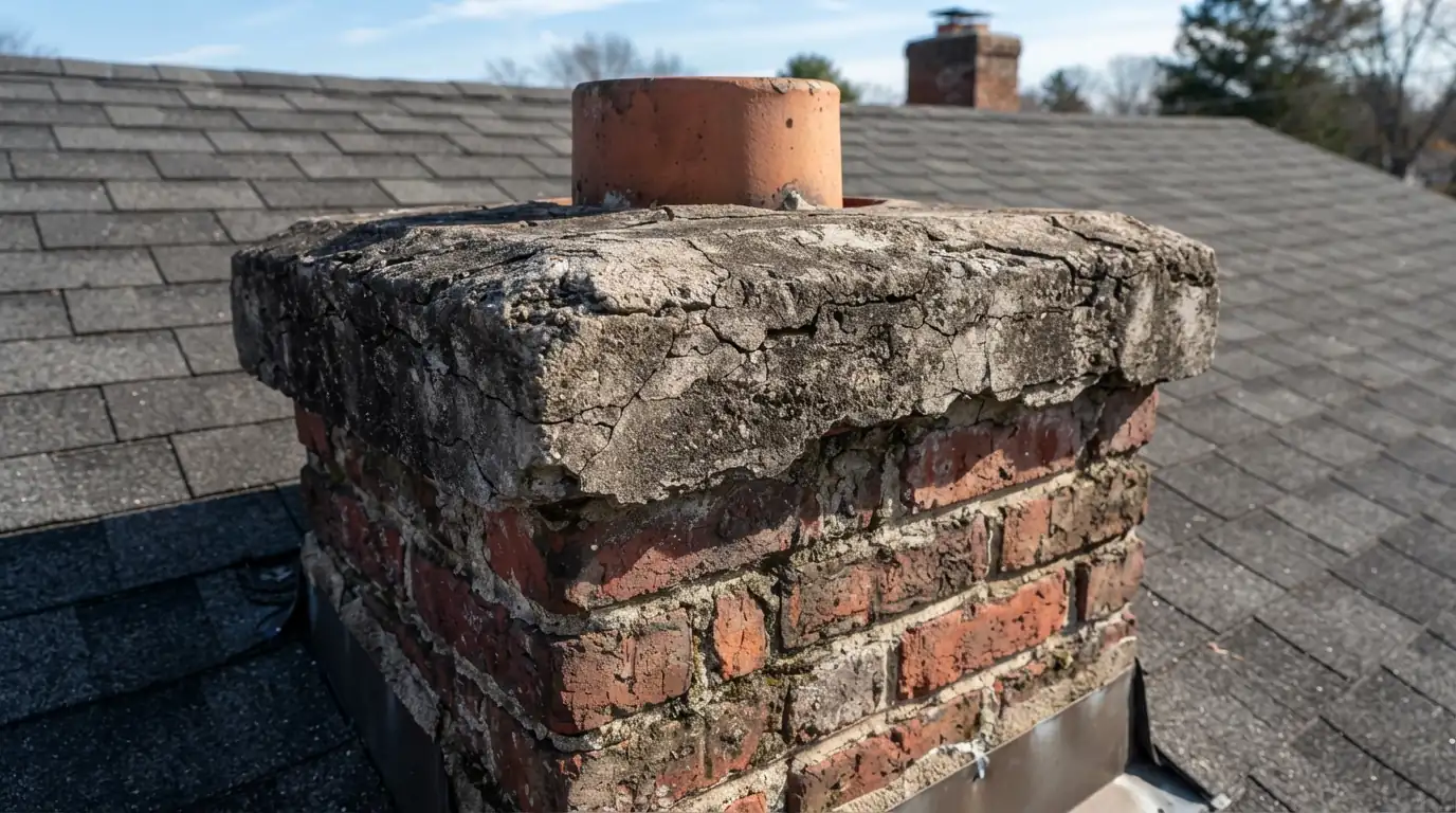 Cracked chimney crown on an Atlanta roof