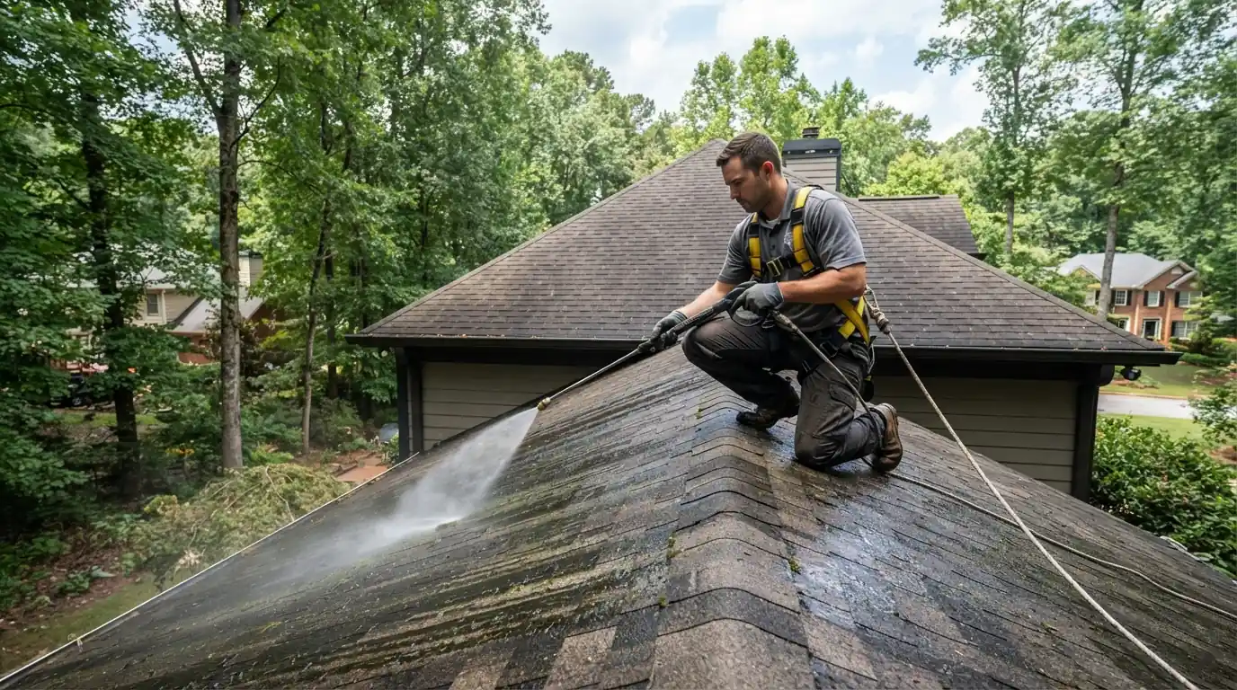Soft wash applied to remove roof algae