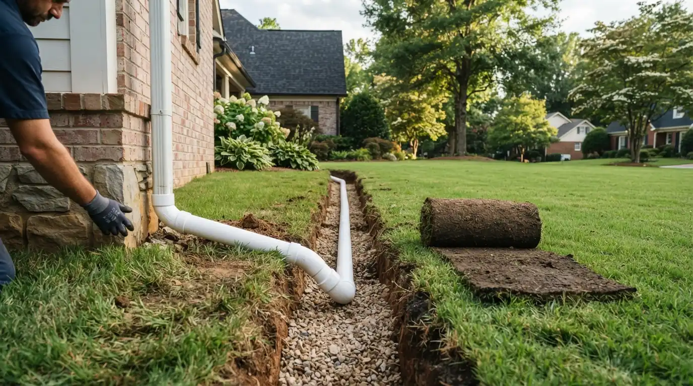 Buried downspout drain line being installed