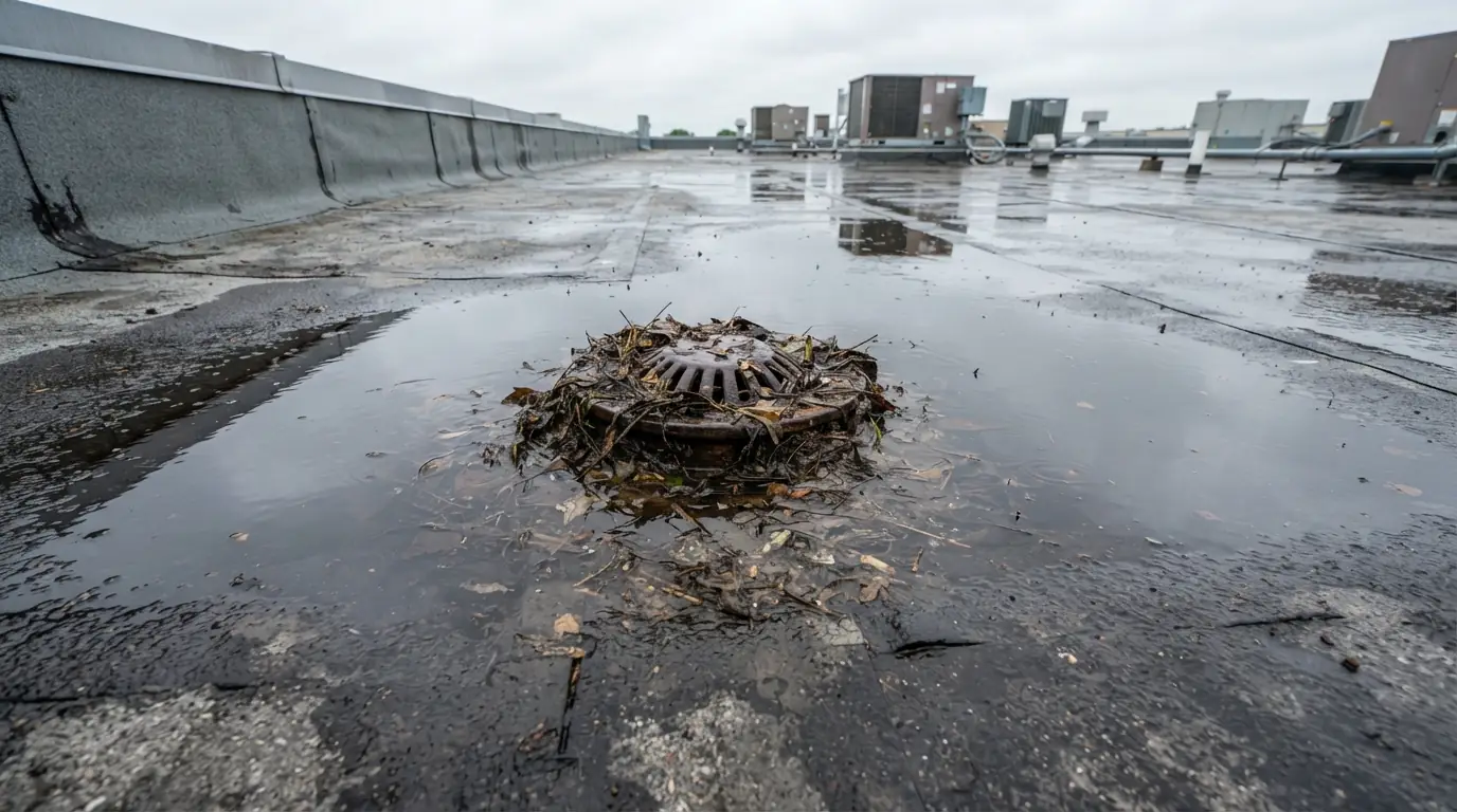 Ponding around a clogged commercial roof drain