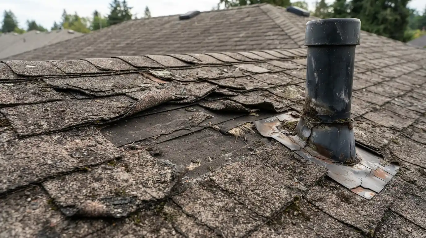 Curling and cracked shingles near a vent stack