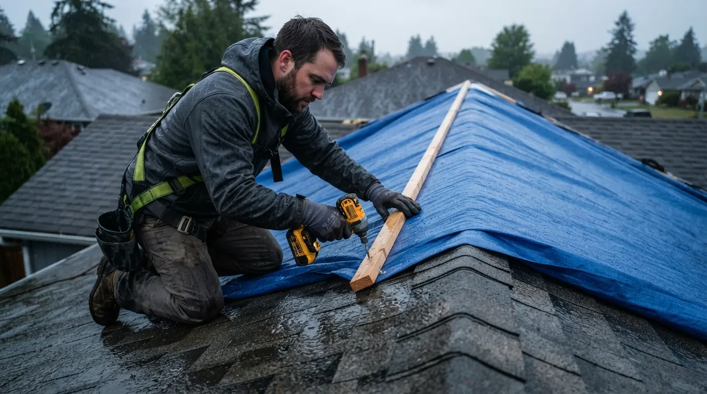 Battened emergency tarp lapped over the ridge of an Atlanta roof