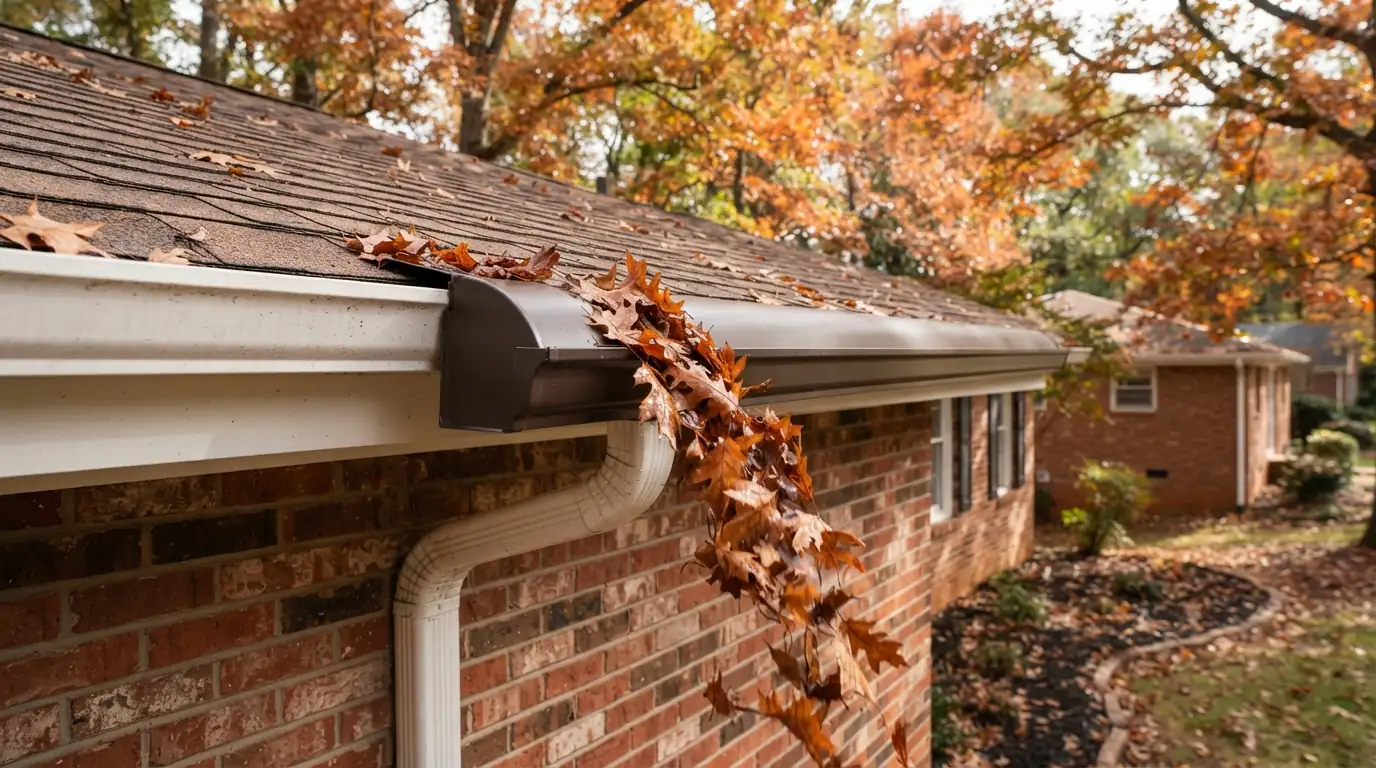 Reverse-curve gutter hood shedding oak leaves in Atlanta
