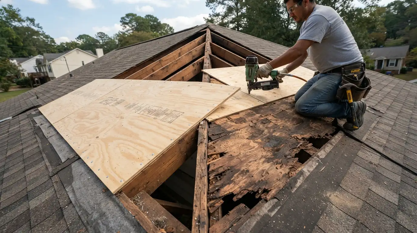 Rotten roof sheathing replaced with new plywood in Atlanta