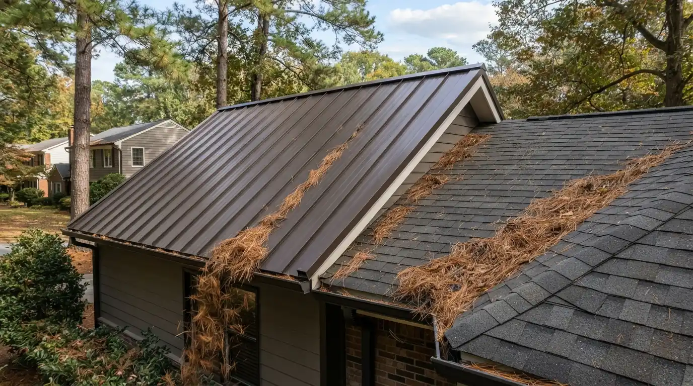 Pine debris on metal versus shingle roofs