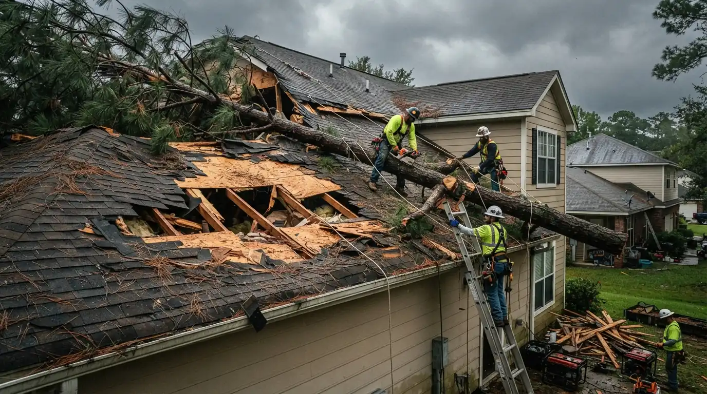 Pine limb removed from a damaged Atlanta roof before tarping