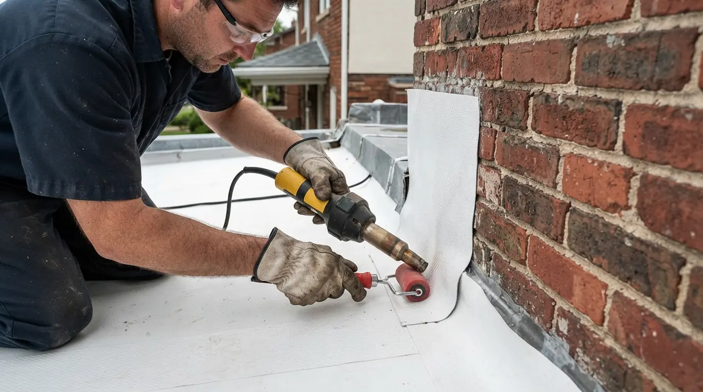 Flat porch roof patched at the wall joint